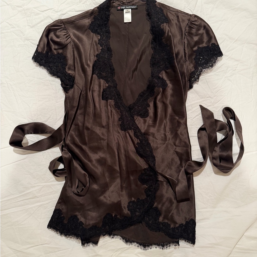 Vintage Silky Chocolate Brown Lace-Trim Wrap Top Y2K